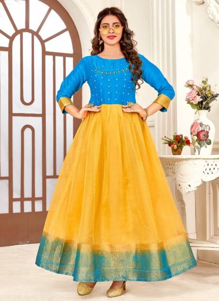 Blue And Yellow Colour Hoor Rahul NX New latest Designer Ethnic Wear Pure Organza Anarkali Kurti Collection 1003
